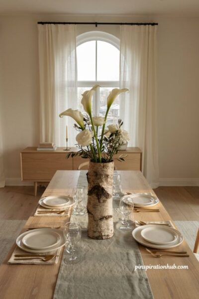 Thanksgiving flower arrangements with white blooms in a birch bark vase