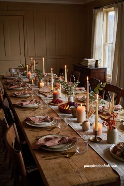 Thanksgiving table candle ideas with layered candles and warm glow