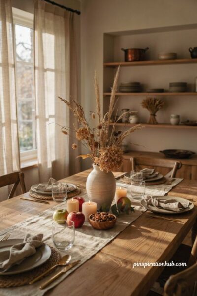 Thanksgiving table dried floral centerpiece with wheat and hydrangeas
