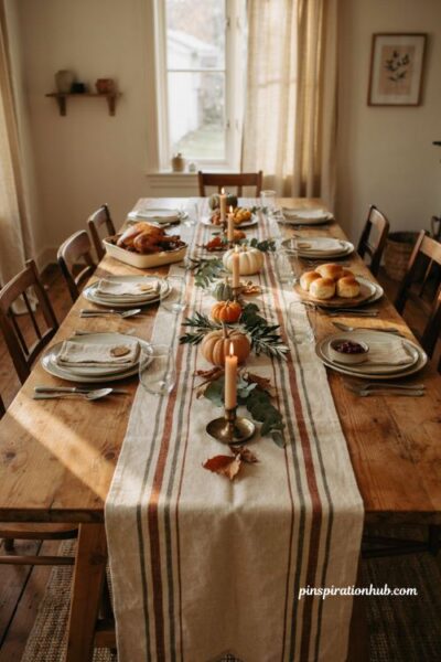 Thanksgiving table harvest runner ideas with pumpkins and greenery
