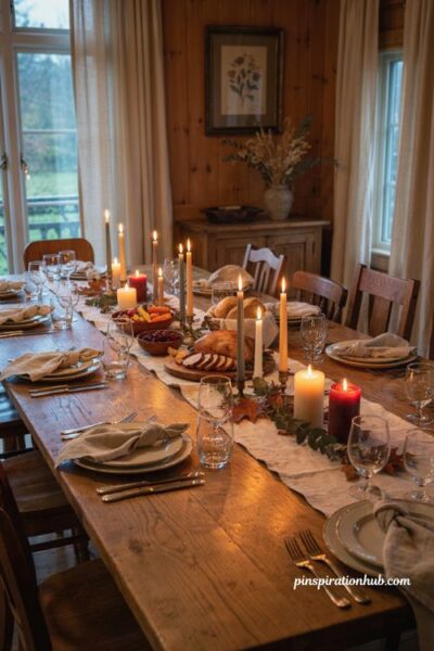 Thanksgiving table layered candle ideas with warm evening glow