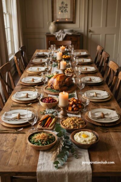 Thanksgiving table natural wood accents with linen and greenery