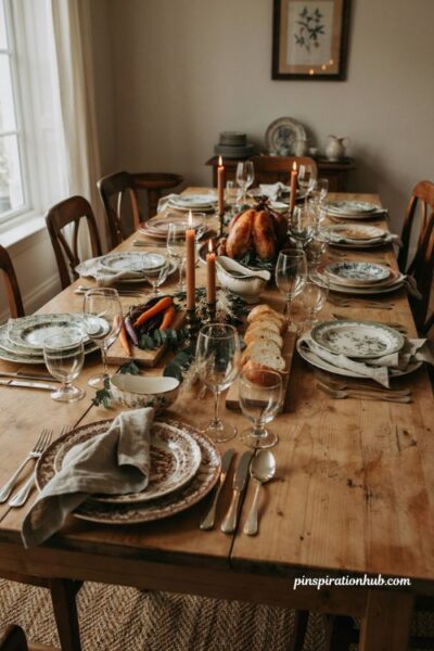 Thanksgiving table vintage plates with modern dinnerware
