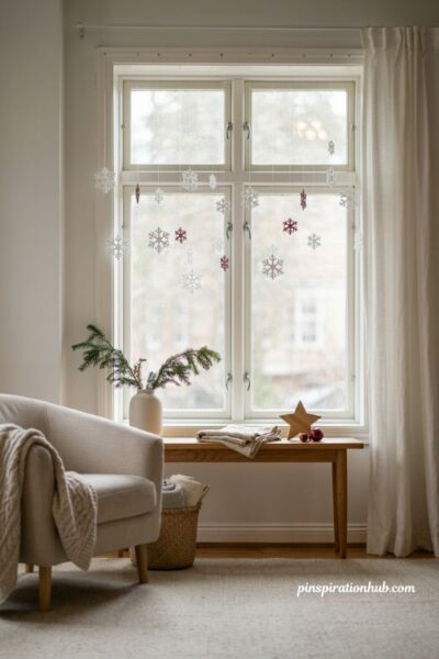 Tinsel snowflake Christmas window decorations with hanging strings