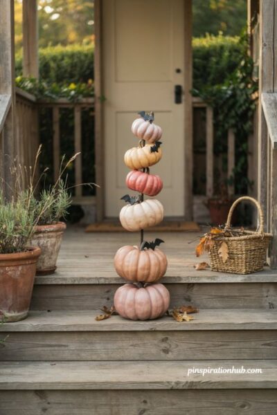 Topsy turvy pink pumpkin Halloween porch decor