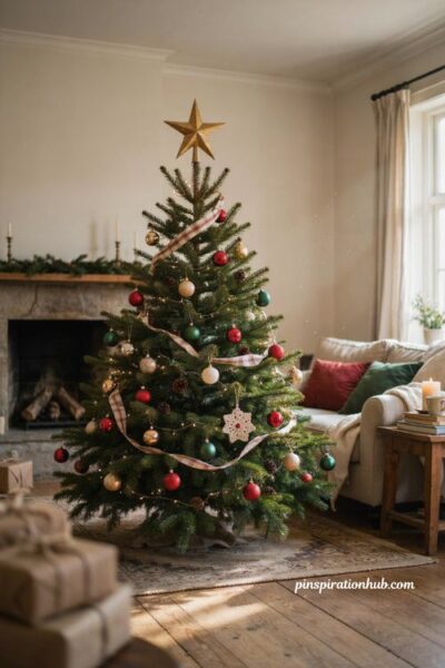 Traditional Christmas tree decor ideas with a classic gold star topper red green ornaments and warm lights