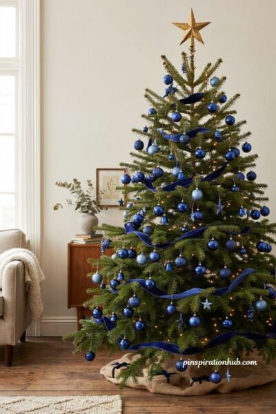 Traditional Christmas tree decor ideas with a monochromatic blue theme and gold topper