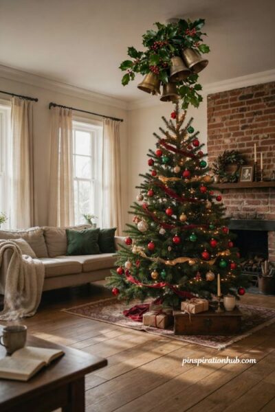 Traditional Christmas tree decor ideas with antique brass bells holly and red green ornaments