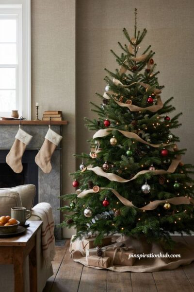 Traditional Christmas tree decor ideas with burlap ribbon mercury glass ornaments and rustic texture