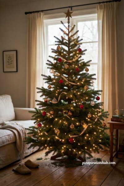 Traditional Christmas tree decor ideas with lights wrapped around every branch and minimal ornaments