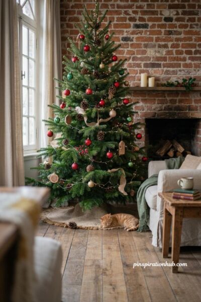 Traditional Christmas tree decor ideas with pinecones berries wooden ornaments and natural texture