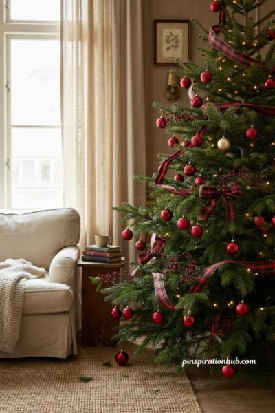 Traditional Christmas tree decor ideas with plaid ribbon red ornaments and cozy greenery