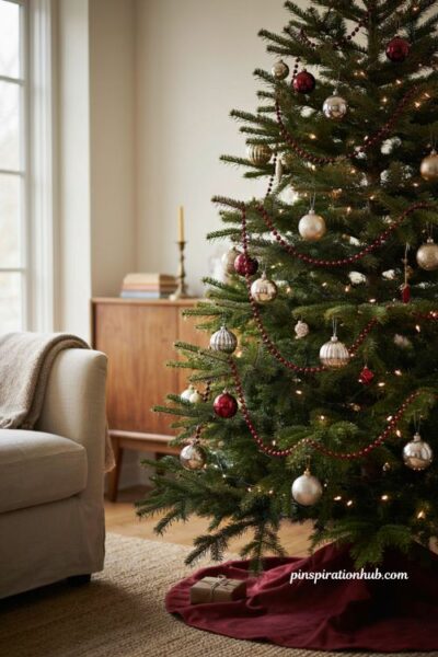 Traditional Christmas tree decor ideas with red beaded garland silver ornaments and white lights