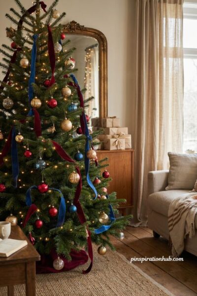 Traditional Christmas tree decor ideas with red blue velvet ribbon vintage ornaments and warm lights
