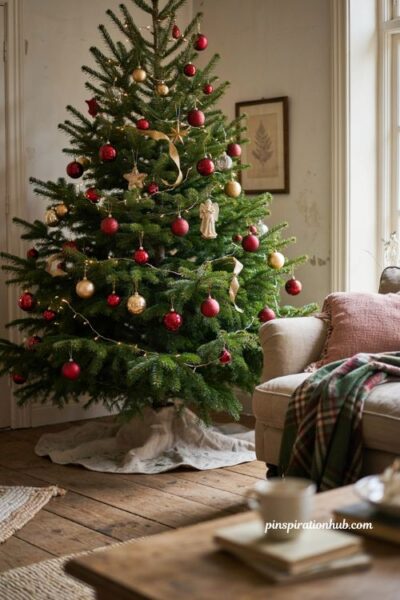 Traditional Christmas tree decor ideas with red gold ornaments and natural evergreen branches