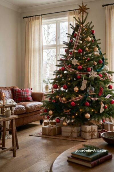 Traditional Christmas tree decor ideas with red green gold ornaments flocked branches and plaid ribbon