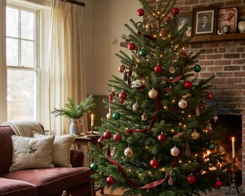 Traditional Christmas tree decor ideas with red green vintage ornaments and heirloom charm