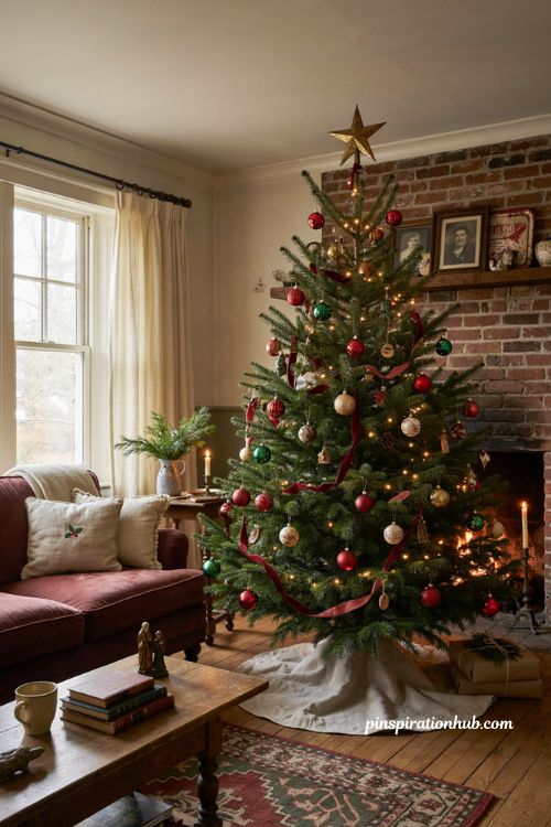 Traditional Christmas tree decor ideas with red green vintage ornaments and heirloom charm
