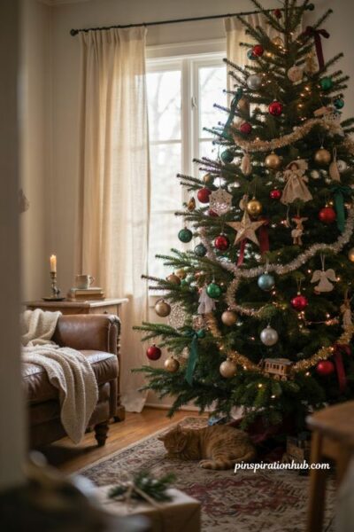 Traditional Christmas tree decor ideas with vintage ornaments tinsel and nostalgic family charm