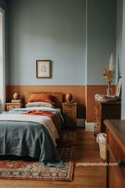 Two toned burnt orange and blue gray bedroom wall with cozy vintage decor