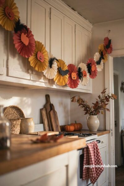 Vintage Halloween garland with muted colors on farmhouse kitchen cabinets