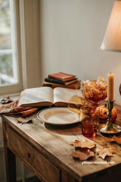 Vintage Halloween party book tablescape with retro entertaining decor