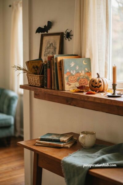 Vintage Halloween picture books displayed on a mantel with retro decor