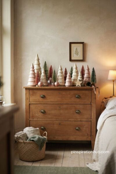 Vintage christmas collection displayed on a cozy bedroom dresser with ceramic trees and ornaments