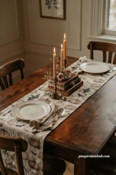 Vintage inspired Halloween table runner with faded pumpkins and bats