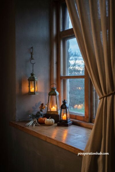 Vintage lantern glow Halloween window display with flickering candles
