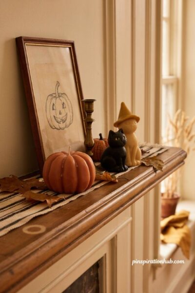 Vintage style Halloween wax candles with pumpkins black cats and witches
