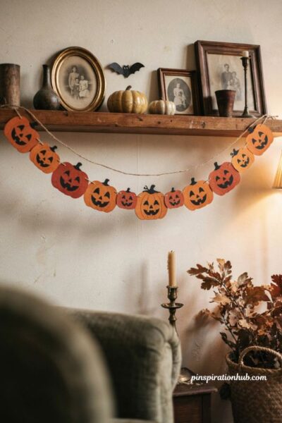 Vintage style pumpkin banner with smiling jack o lantern faces