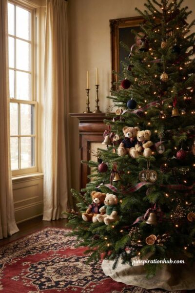 Vintage teddy bear ornaments on a nostalgic Christmas tree