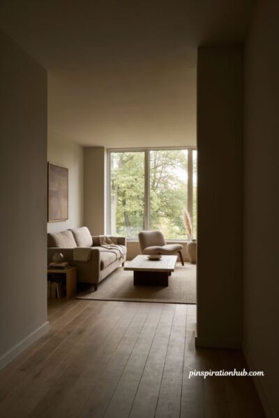 Warm gray living room with neutral walls cozy upholstery and natural light
