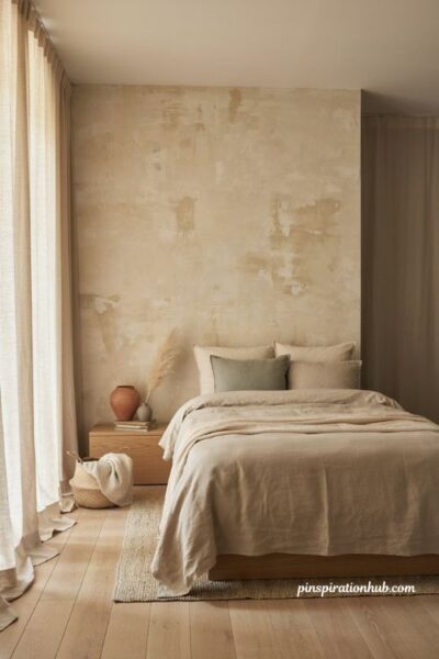 Warm neutral Japandi bedroom ideas with beige greige and earthy accents