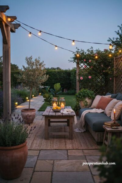 Warm string lighting cozy backyard ideas with lanterns and pathway lights