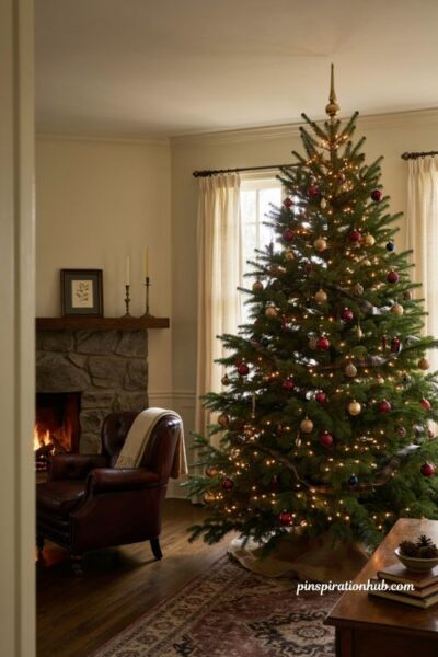 Warm white Christmas tree lights tucked deep in branches