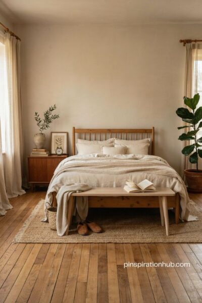 Warm wood furniture earthy cozy bedroom with oak bed walnut nightstand and neutral linen