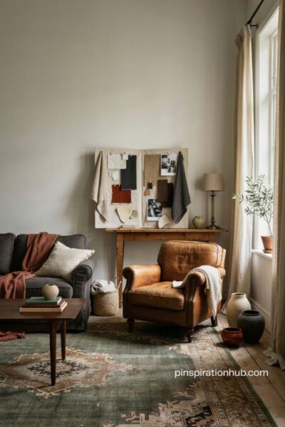 White wall living room mood board with coordinated colors textures and vintage decor