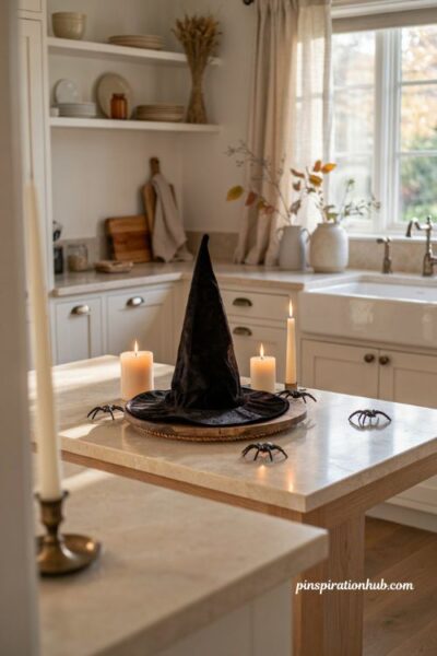 Witch hat centerpiece with candles and spiders on kitchen island