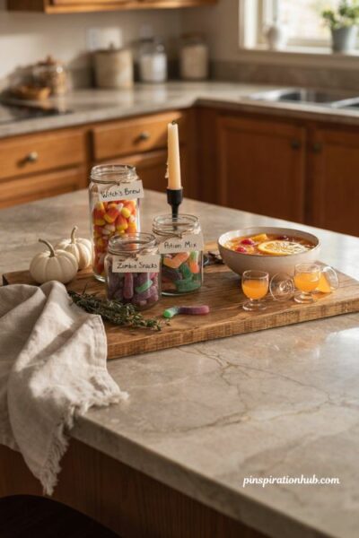Witchs brew Halloween snack jars on an apartment kitchen counter