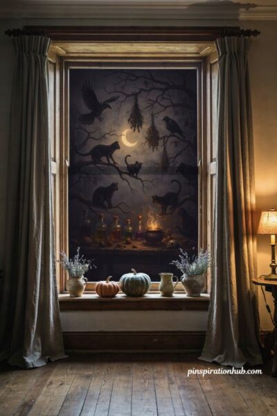 Witchs lair projection scene with black cats and ravens