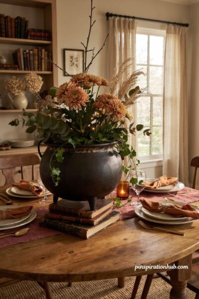 Witchy Halloween decor with a black cauldron autumn centerpiece