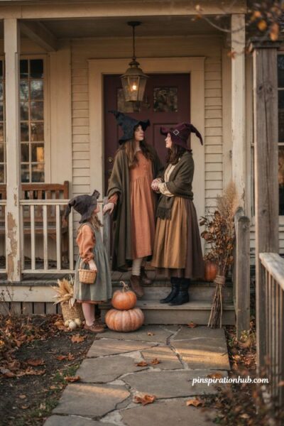 Witchy Halloween decor with a coven of witch figures on the front porch