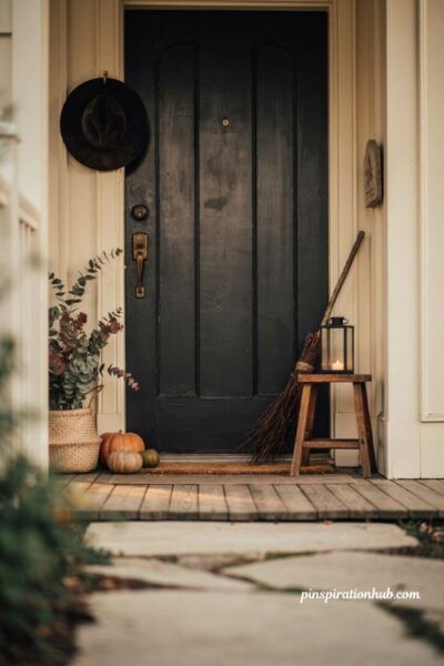 Witchy Halloween decor with a front door hat and rustic broom