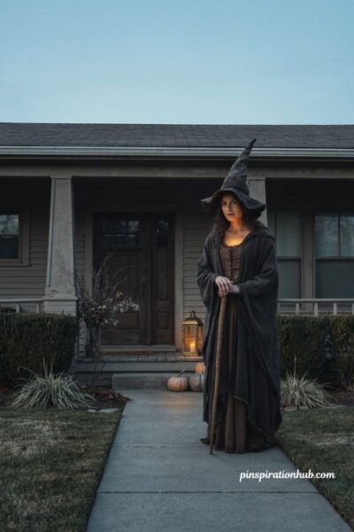 Witchy Halloween decor with an animated illuminated witch prop