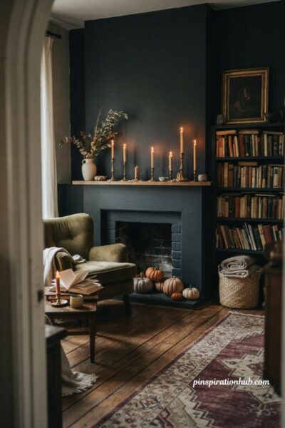 Witchy Halloween decor with dark walls and dark academia styling
