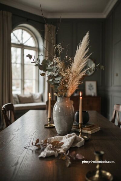 Witchy Halloween decor with dried florals and moody tabletop styling