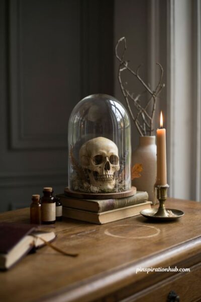 Witchy Halloween decor with glass cloche curiosities and old books