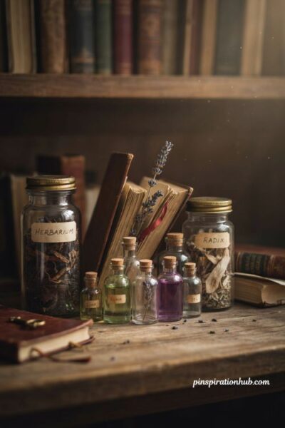 Witchy Halloween decor with glowing apothecary bottles and old spellbooks